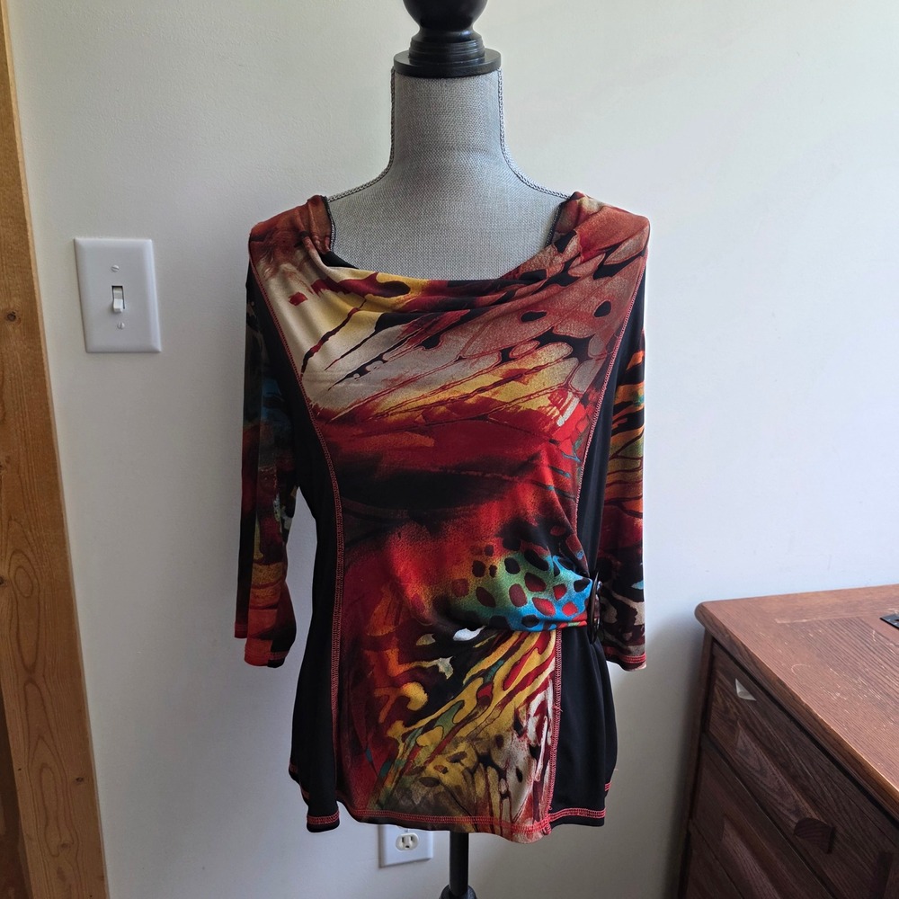Soft Works Art to Wear Lagenlook Top Y2K Abstract Butterfly Print Red Black L